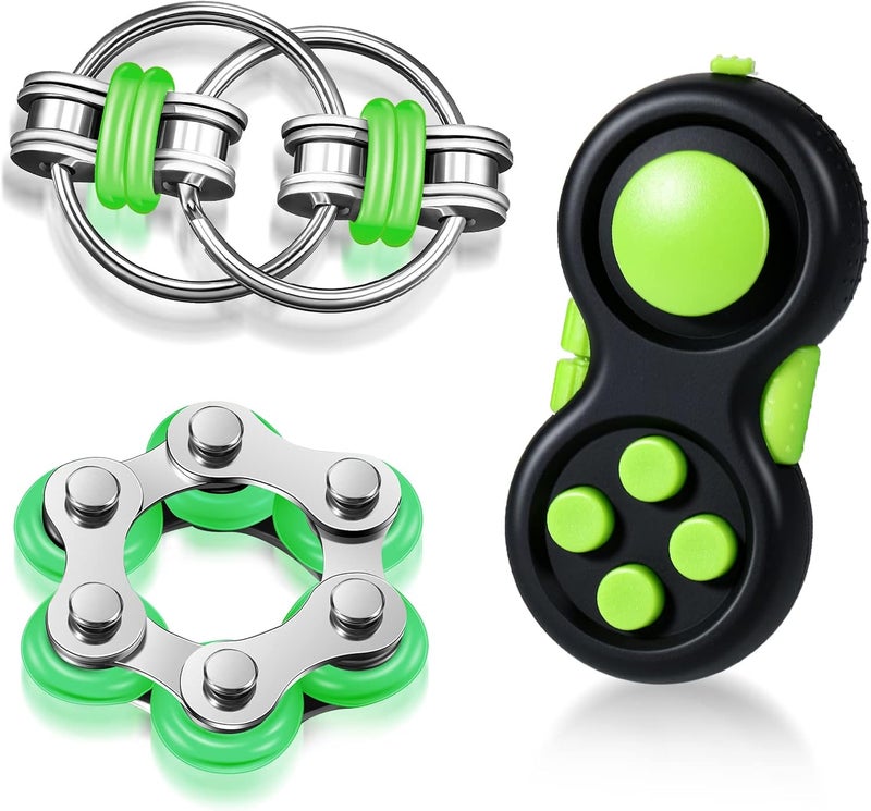 Gejoy 3 Pcs Fidget Toys Adults Set Handheld Fidgets Controller Pad Game Six Roller Chain Key Flippy Chain Autism Sensory for ADHD Add OCD Autism Anxiety Stress Relief Teen Kids(Black and Green) - Image 1