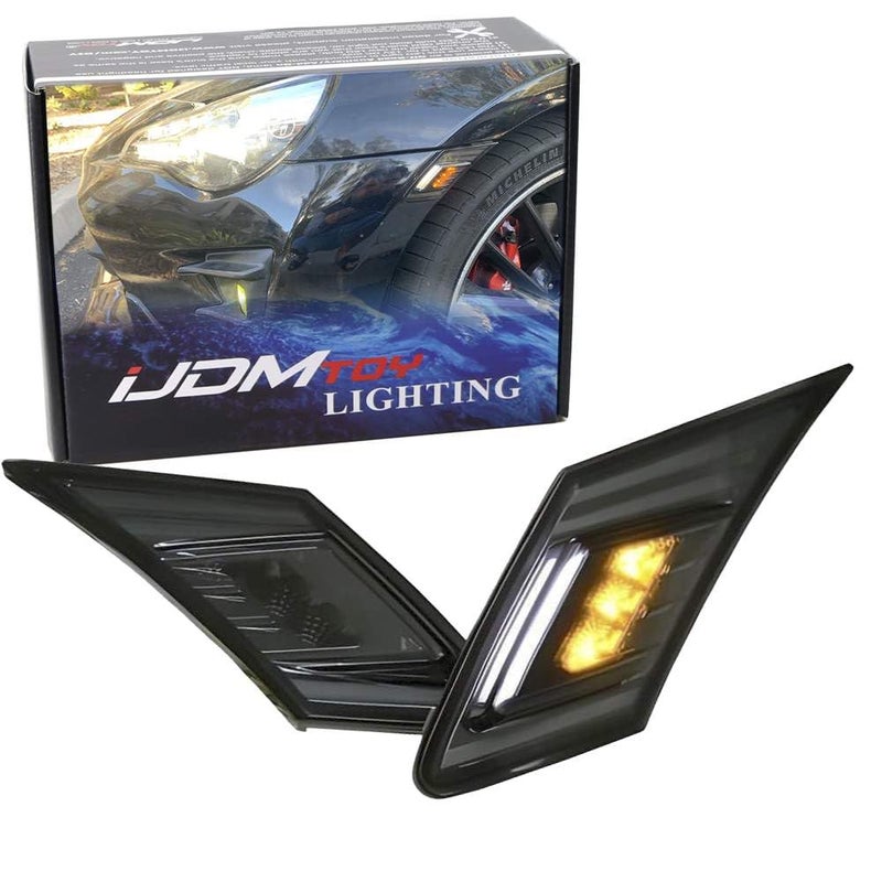 iJDMTOY JDM Smoked Lens White/Amber Dual Color LED Front Sidemarkers Compatible With 2013-16 Scion FR-S, 2013-21 Subaru BRZ, 2017-21 Toyota 86 (Parking: White LED, Turn Signal: Amber LED)