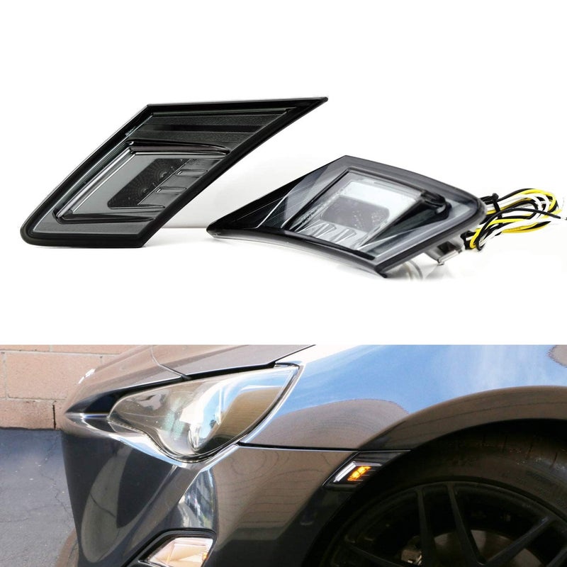 iJDMTOY JDM Smoked Lens White/Amber Dual Color LED Front Sidemarkers Compatible With 2013-16 Scion FR-S, 2013-21 Subaru BRZ, 2017-21 Toyota 86 (Parking: White LED, Turn Signal: Amber LED)