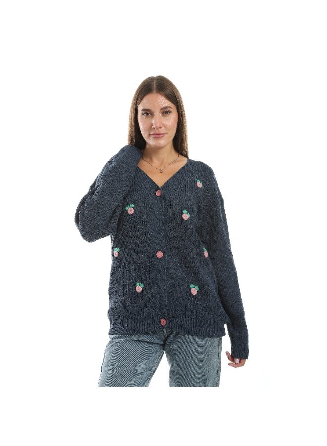 سيزار كارديجان صوف حريمي قصير  مزود بورود وزراير من الأمام - Image 2