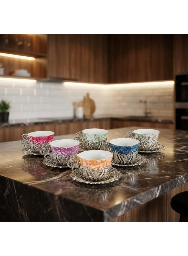 Acar 6-Piece Arabic & Turkish Coffee Set – Includes 6 Colorful Patterned Glass Cups with Stunning Silver Copper Saucers and Holders for a Luxurious Tea Experience! Made in Türkiye - Image 1