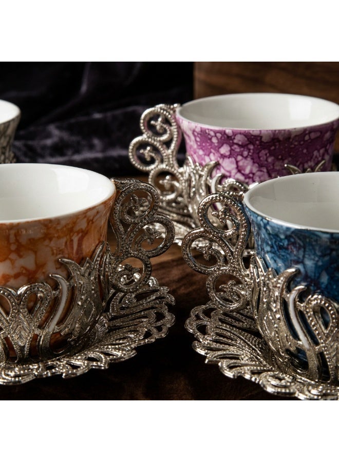 Acar 6-Piece Arabic & Turkish Coffee Set – Includes 6 Colorful Patterned Glass Cups with Stunning Silver Copper Saucers and Holders for a Luxurious Tea Experience! Made in Türkiye - Image 2