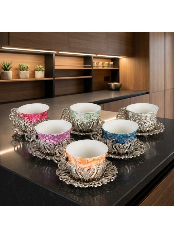 Acar 6-Piece Arabic & Turkish Coffee Set – Includes 6 Colorful Patterned Glass Cups with Stunning Silver Copper Saucers and Holders for a Luxurious Tea Experience! Made in Türkiye - Image 3