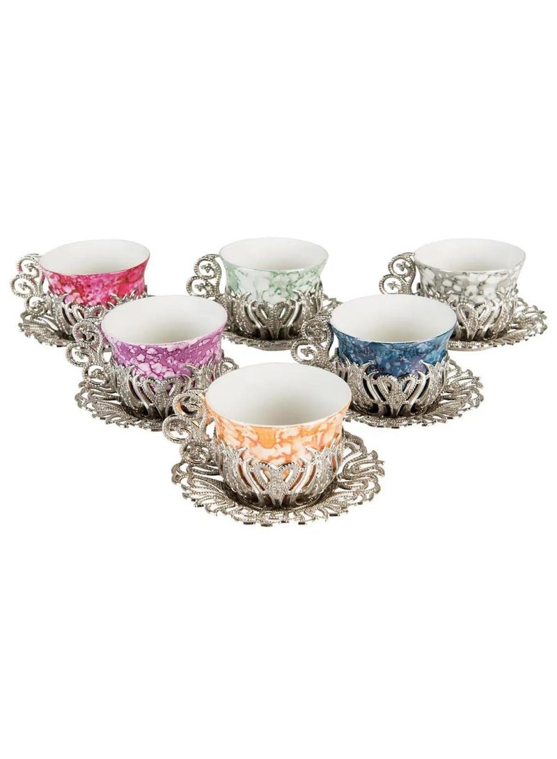 Acar 6-Piece Arabic & Turkish Coffee Set – Includes 6 Colorful Patterned Glass Cups with Stunning Silver Copper Saucers and Holders for a Luxurious Tea Experience! Made in Türkiye - Image 5