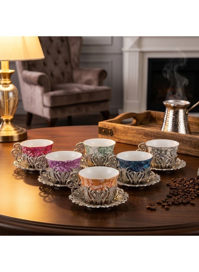 Acar 6-Piece Arabic & Turkish Coffee Set – Includes 6 Colorful Patterned Glass Cups with Stunning Silver Copper Saucers and Holders for a Luxurious Tea Experience! Made in Türkiye - Image 4