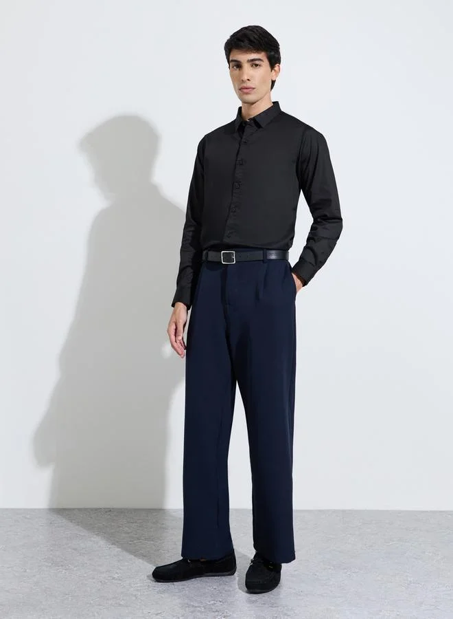 Styli  Black Solid Long Sleeves Satin Slim Fit Shirt for Men | Best Price UAE