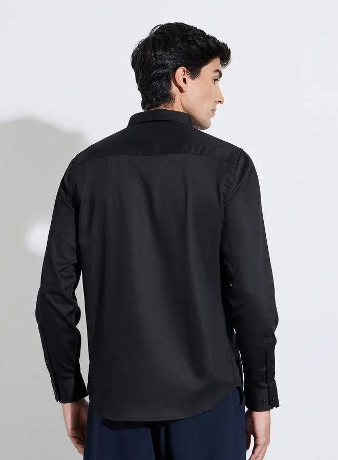 Styli  Black Solid Long Sleeves Satin Slim Fit Shirt for Men | Best Price UAE