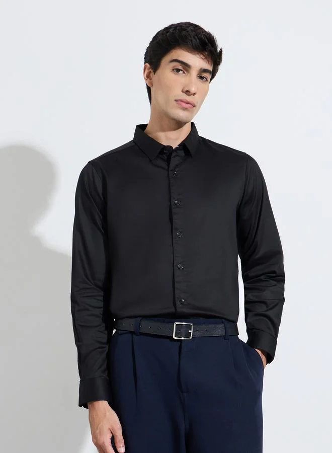 Black Solid Long Sleeves Satin Slim Fit Shirt