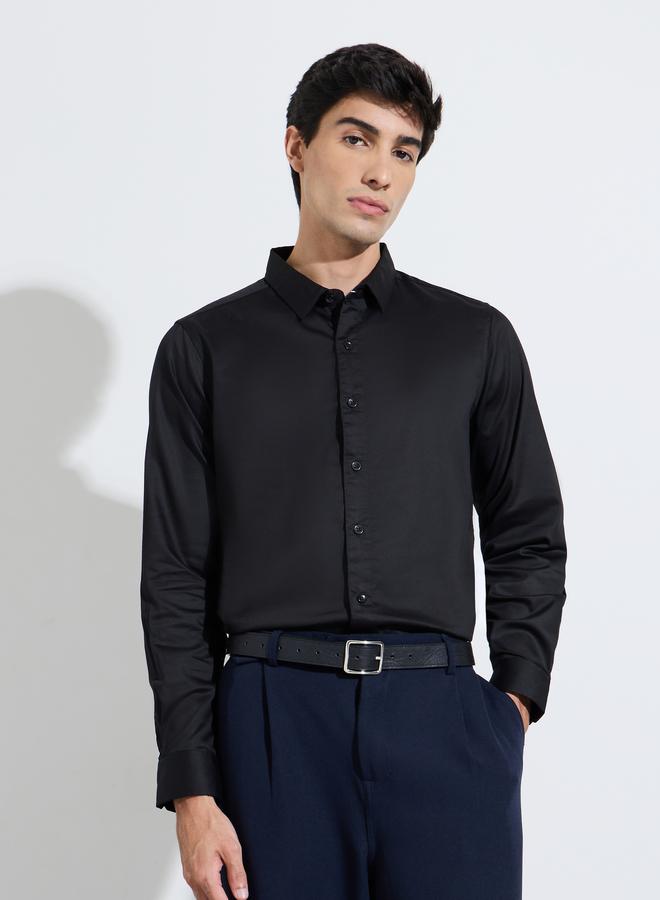 Styli Black Solid Long Sleeves Satin Slim Fit Shirt - Image 1