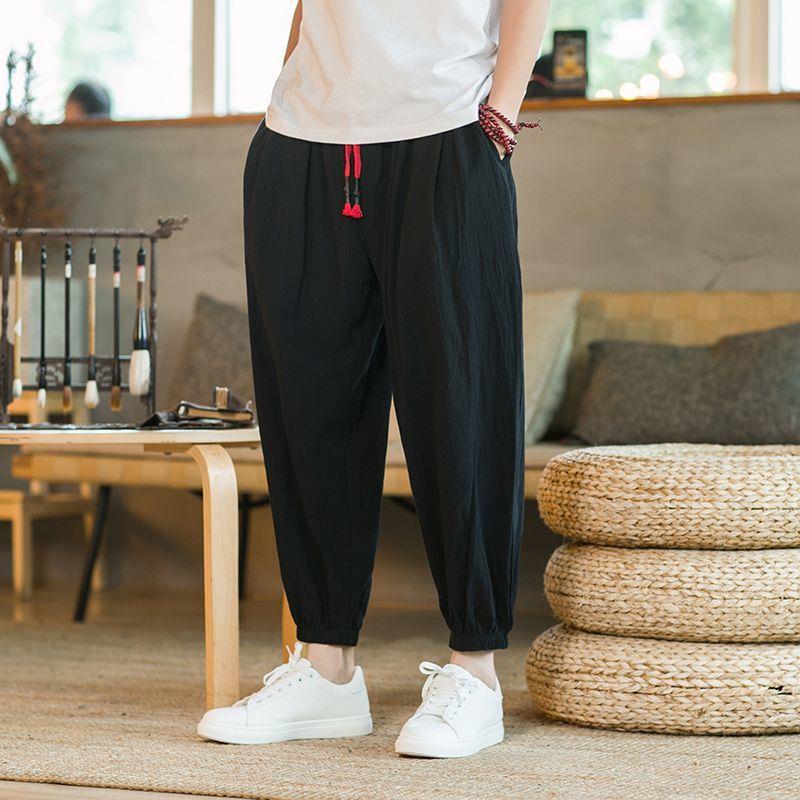 Cotton and Linen Wide-leg Pants Mens Summer Thin Leg Harlan Pants Chinese Style Fat Man Loose plus size Cropped Bloomers Light blue  - Image 3