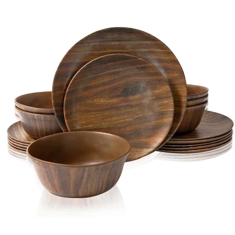 TP 18Piece Dinnerware Set Melamine Dishes Set with Bowls and Plates Service for 6 Nonbreakable Lightweight Dining Tableware Rosewood Grain