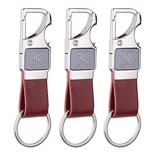 Highlark Heavy Duty Metal Carabiner Keychain with Leather Strap for Men & Women | Premium Belt Clip Key Holder | Secure Spring Lock Key Ring for Car, Bike & Office Keys (Pack of 3) - Image 1