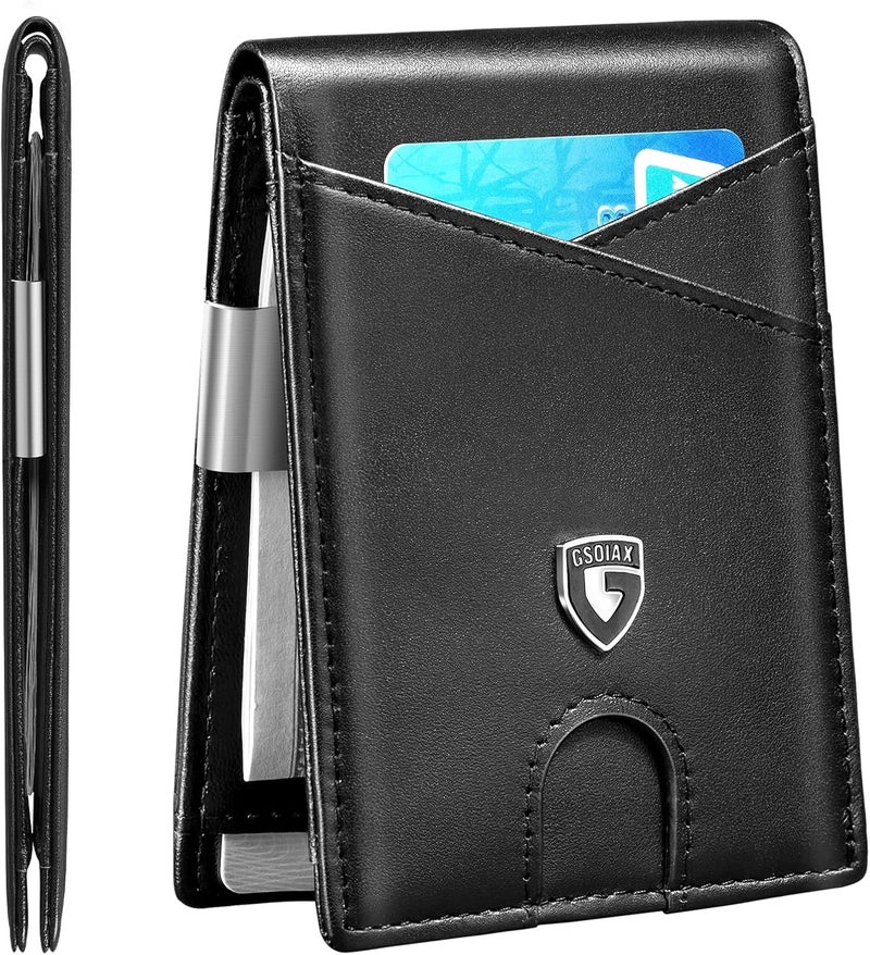 GSOIAX Slim Leather RFID Bifold Wallet for Men Minimalist Front Pocket Wallet with Money Clip,12 Card Slots,ID Window,Cool Groove Design,Includes Gift Box, D-Leather Black, Classic - Image 1
