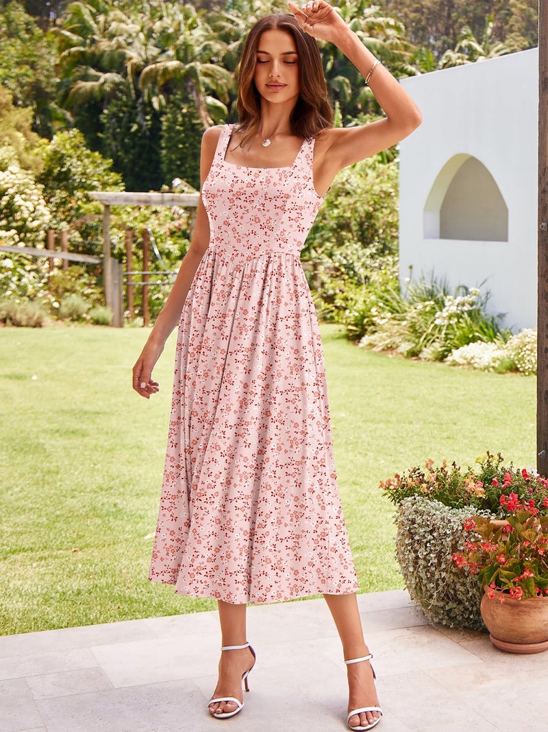 YATHON Summer Midi Dresses for Women 2026 Casual Pink Floral Drop Waist Beach Sundress with Pockets Vacation Wear (YT638-Pink W Floral 03,L) - Image 4