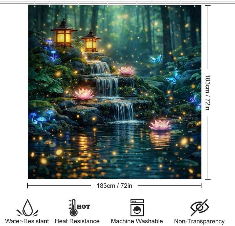 Waterfall in Forest with Lotus and Lanterns at nightShower Curtain for Bathroom Waterproof Tan Shower Curtain with Hooks 71 inch x 71 inch - Image 3
