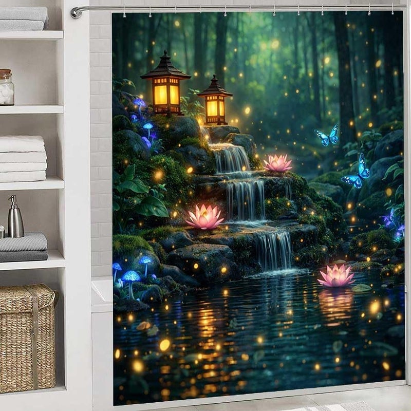 Waterfall in Forest with Lotus and Lanterns at nightShower Curtain for Bathroom Waterproof Tan Shower Curtain with Hooks 71 inch x 71 inch - Image 2