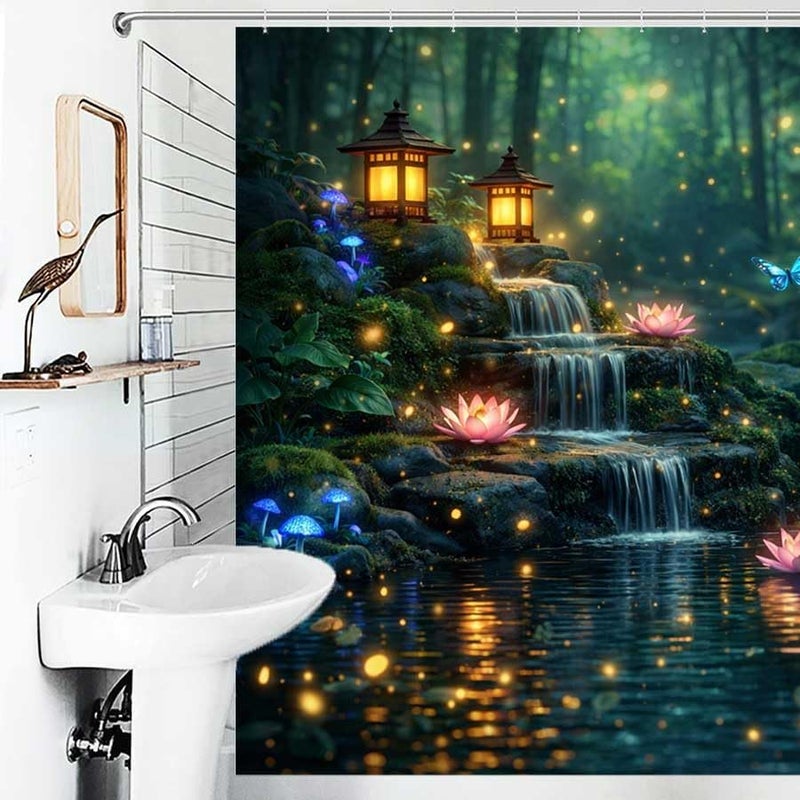 Waterfall in Forest with Lotus and Lanterns at nightShower Curtain for Bathroom Waterproof Tan Shower Curtain with Hooks 71 inch x 71 inch - Image 4