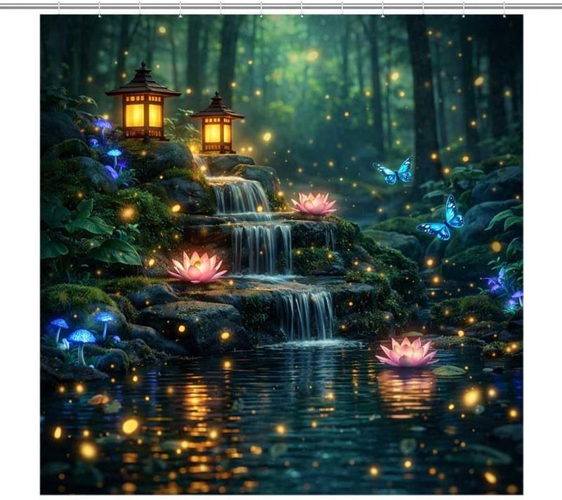 Waterfall in Forest with Lotus and Lanterns at nightShower Curtain for Bathroom Waterproof Tan Shower Curtain with Hooks 71 inch x 71 inch - Image 1