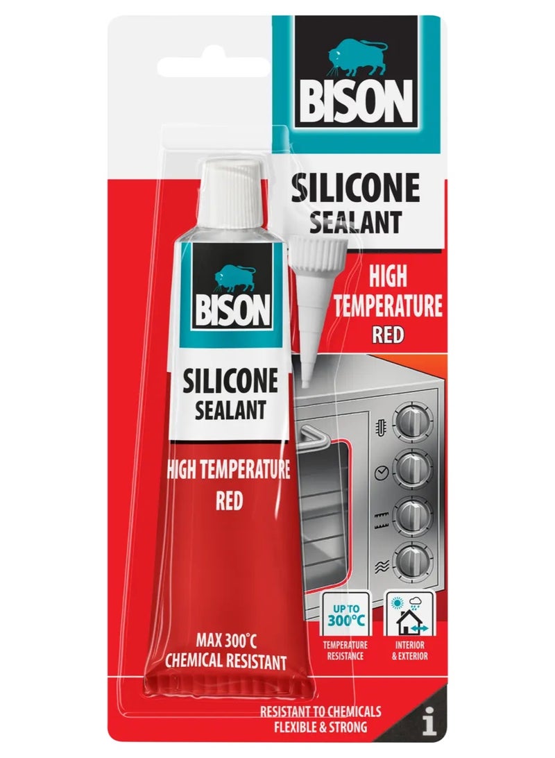 Bison High Temp Silicone Sealant – 60ml Red Heat-Resistant Gasket Maker up to 300°C, Industrial Grade Waterproof Acetic Silicone Adhesive for Ovens, Fireplaces, Automotive, Engines, and Flues, WP-Style Tube - Image 1