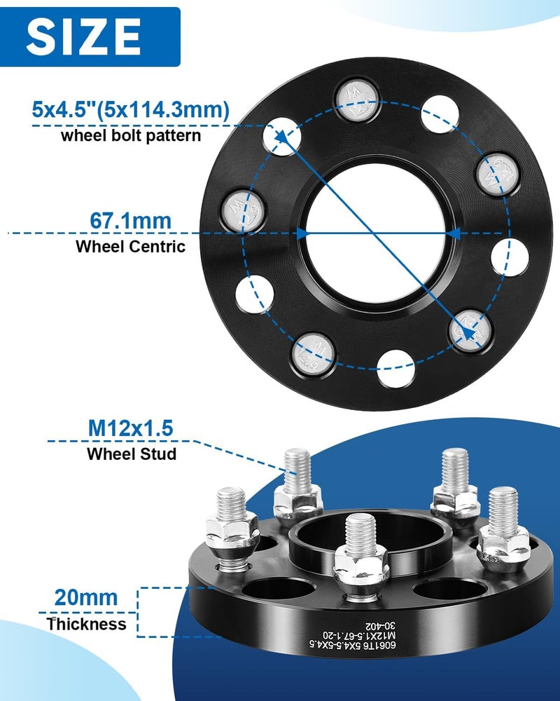 EZISOE 20mm 5x4.5 Hub Centric Wheel Spacers 67.1mm Hub Bore with 12x1.5 Studs, 5x114.3 Forged Wheel spacers for Mazda,Jeep,Kia,Mitsubish,Hyundai - Image 2