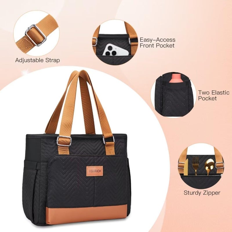 HSHRICH Lunch Bag Lunch Box Women - Leakproof Insulated Lunch Cooler Bag for Women - Large Lunch Tote Bags Adults, Brown Black - Image 4