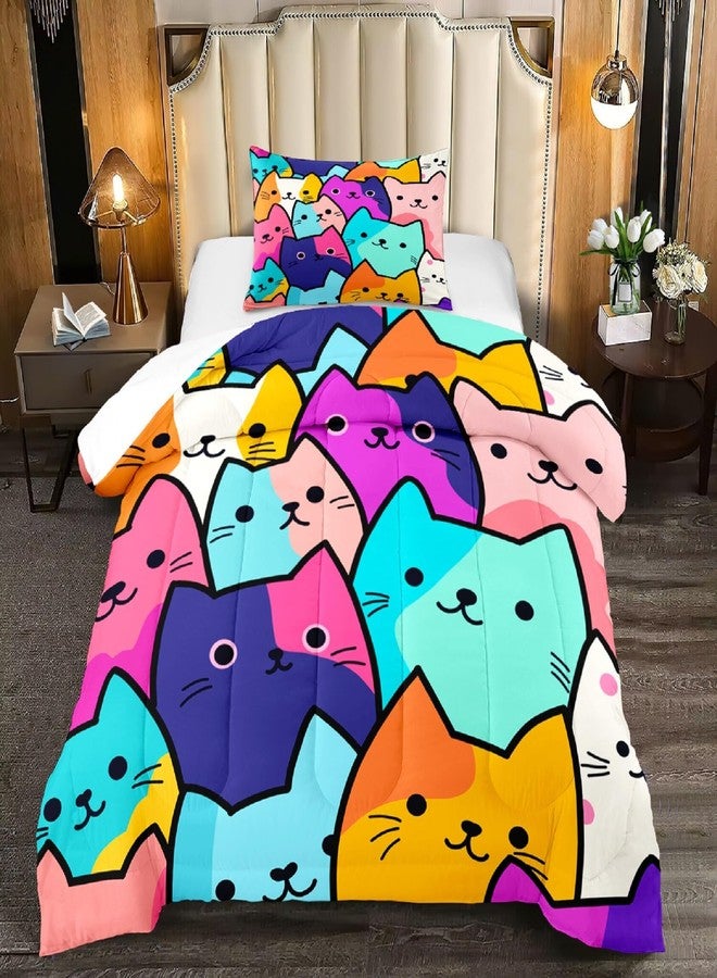 Jiospet Cat Comforter Set Twin - Twin Size Comforters Set for Girls Cat Kids Bedding Colorful Cartoon Theme Bedding Sets, 1 Comforter+1 Pillowcase - Image 1