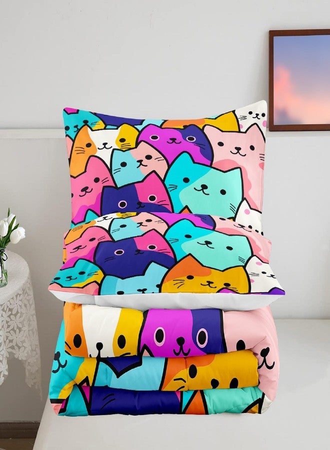 Jiospet Cat Comforter Set Twin - Twin Size Comforters Set for Girls Cat Kids Bedding Colorful Cartoon Theme Bedding Sets, 1 Comforter+1 Pillowcase - Image 3