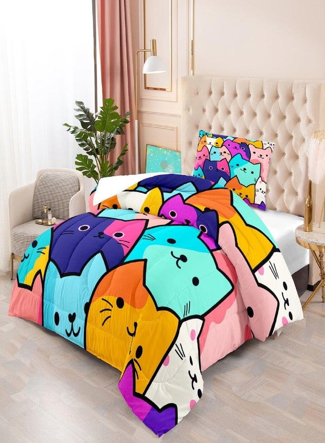 Jiospet Cat Comforter Set Twin - Twin Size Comforters Set for Girls Cat Kids Bedding Colorful Cartoon Theme Bedding Sets, 1 Comforter+1 Pillowcase - Image 2