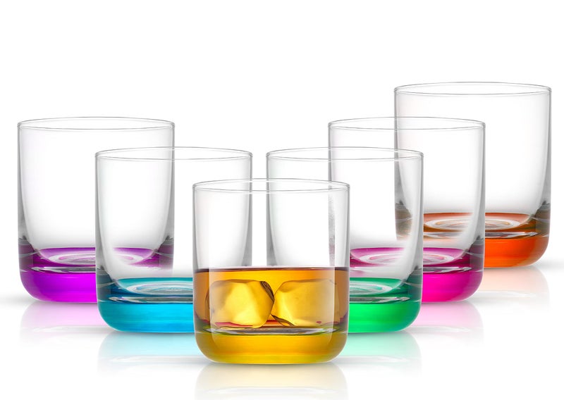 JoyJolt Hue Colorful Whiskey Set of 6, 10oz Drink Glasses, Double Old Fashioned Glass, Modern Whiskey Glass Set for Bar, Low Ball Cocktail Tumbler Glasses - Image 1