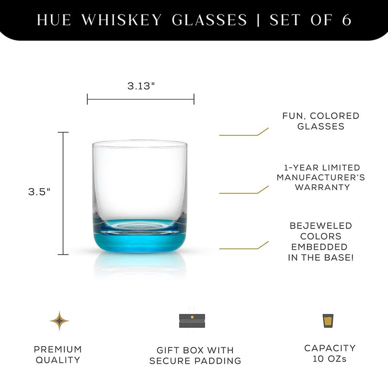 JoyJolt Hue Colorful Whiskey Set of 6, 10oz Drink Glasses, Double Old Fashioned Glass, Modern Whiskey Glass Set for Bar, Low Ball Cocktail Tumbler Glasses - Image 2
