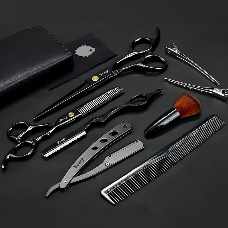مجموعة مقصات قص الشعر ومقصات التخفيف Fcysy لمصففي الشعر المحترفين مجموعة مقصات الشعر مقصات قص الشعر السوداء مقصات التمويه شفرات حلاقة مستقيمة لوازم الحلاقة للرجال والنساء
