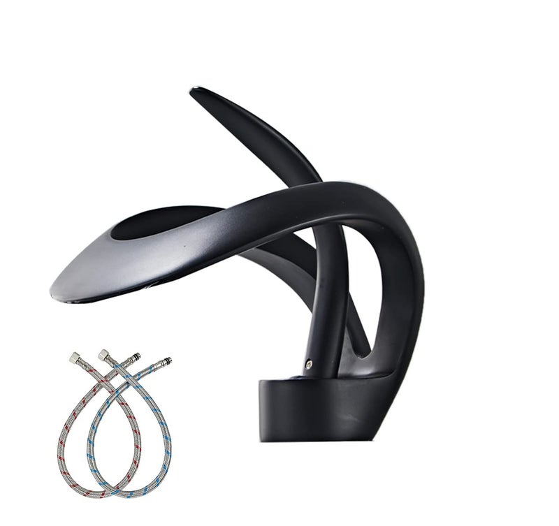 Black Bathroom Sink Faucet Waterfall Round Single Handle One Hole Vanity Basin Deck Mount Lavatory Brass Creative Hollowed Body Design