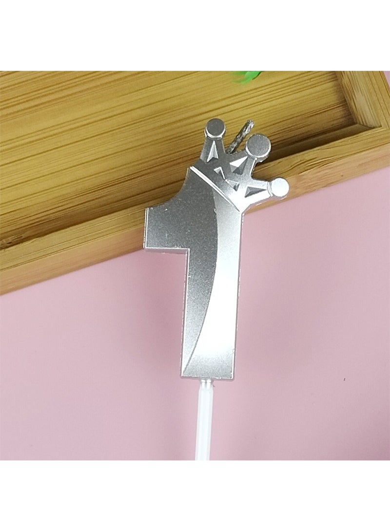 l&wen Crown Birthday Candles, Metallic Number Candles with Holders, Glitter Party Candles for Birthday, Wedding, Anniversary, Party Decorations (Number 1, Silver) - Image 1