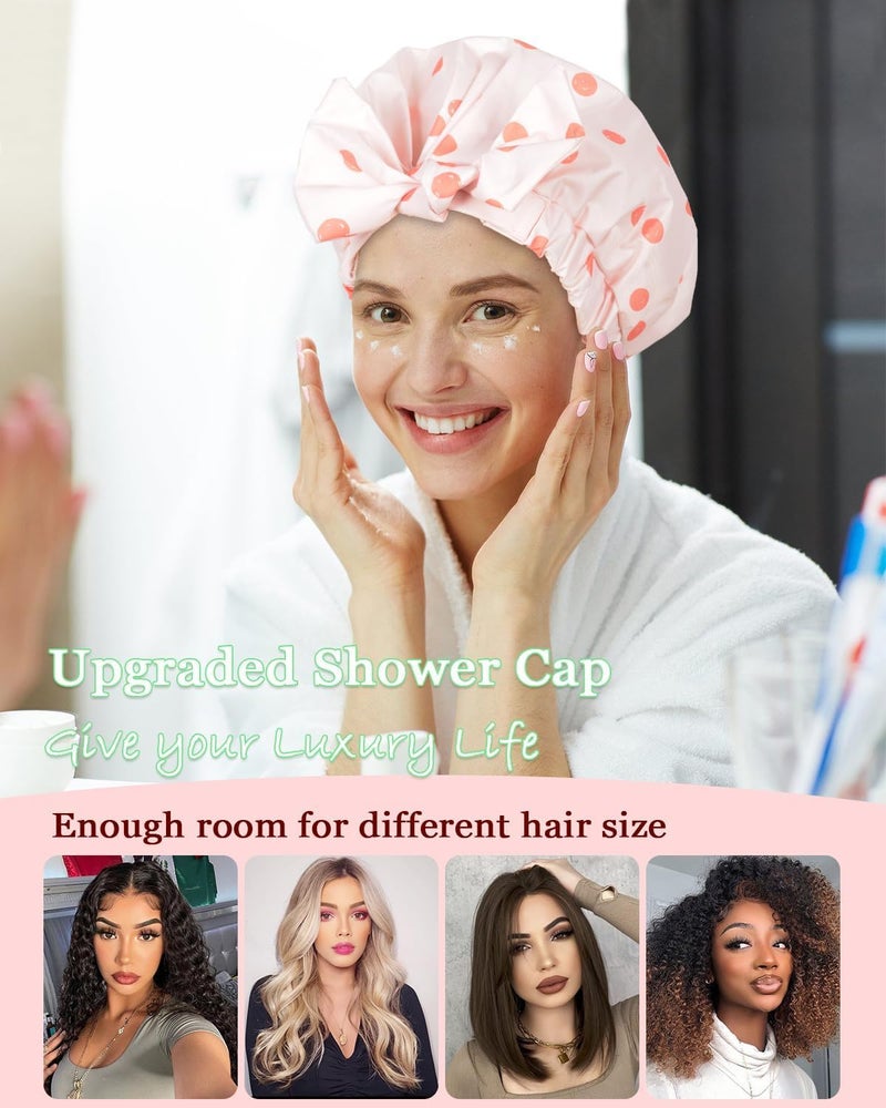 Excefore Luxury Waterproof Shower Cap for Women, Reusable Adjustable Bowknot Hair Bath Cap, Soft Comfortable Fit, Travel Friendly Hair Protection from Water, Moisture and Frizz (Pink) - Image 5