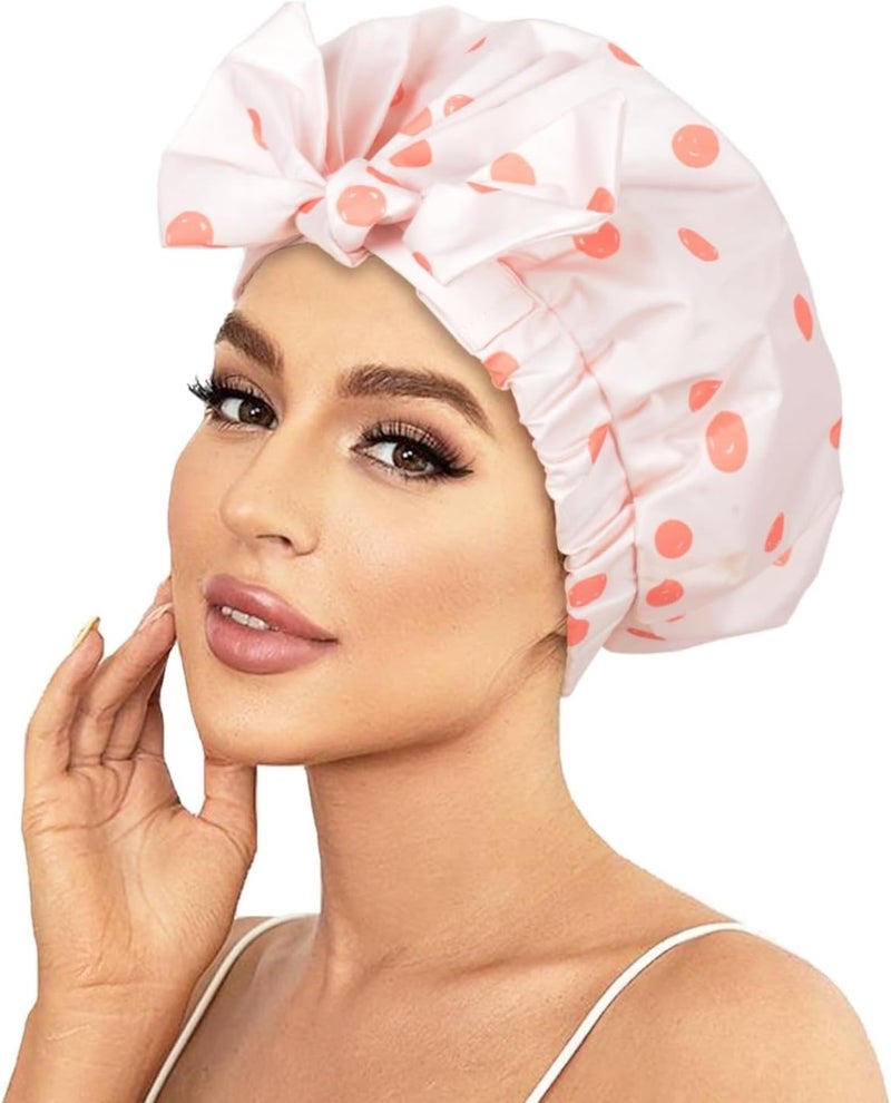 Excefore Luxury Waterproof Shower Cap for Women, Reusable Adjustable Bowknot Hair Bath Cap, Soft Comfortable Fit, Travel Friendly Hair Protection from Water, Moisture and Frizz (Pink) - Image 1
