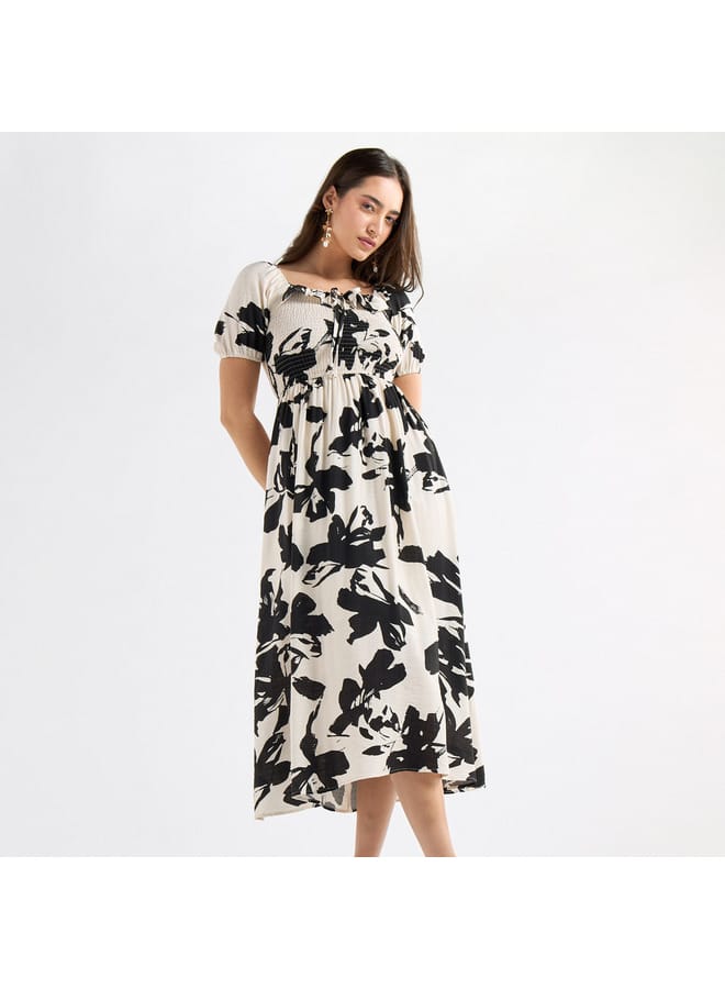 Splash FAV All-Over Print A-line Dress with Shirred Detail and Tie-Ups  - Image 1