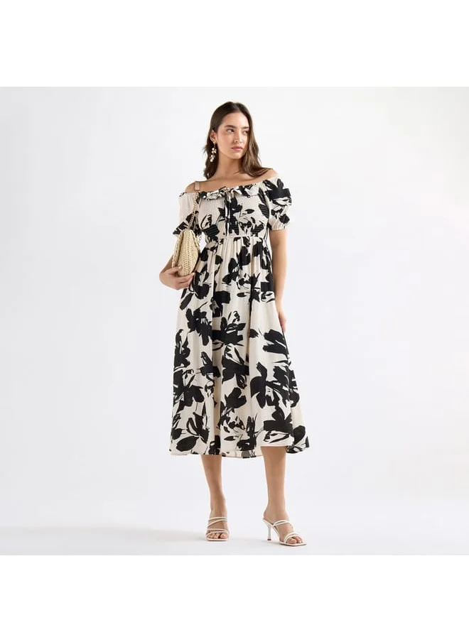 FAV All-Over Print A-line Dress with Shirred Detail and Tie-Ups