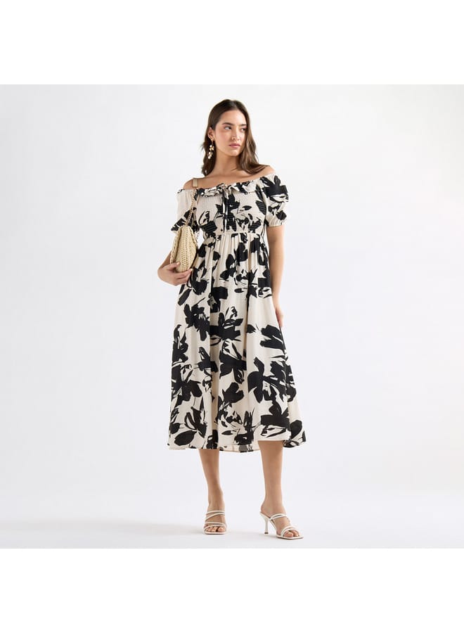 Splash FAV All-Over Print A-line Dress with Shirred Detail and Tie-Ups  - Image 2