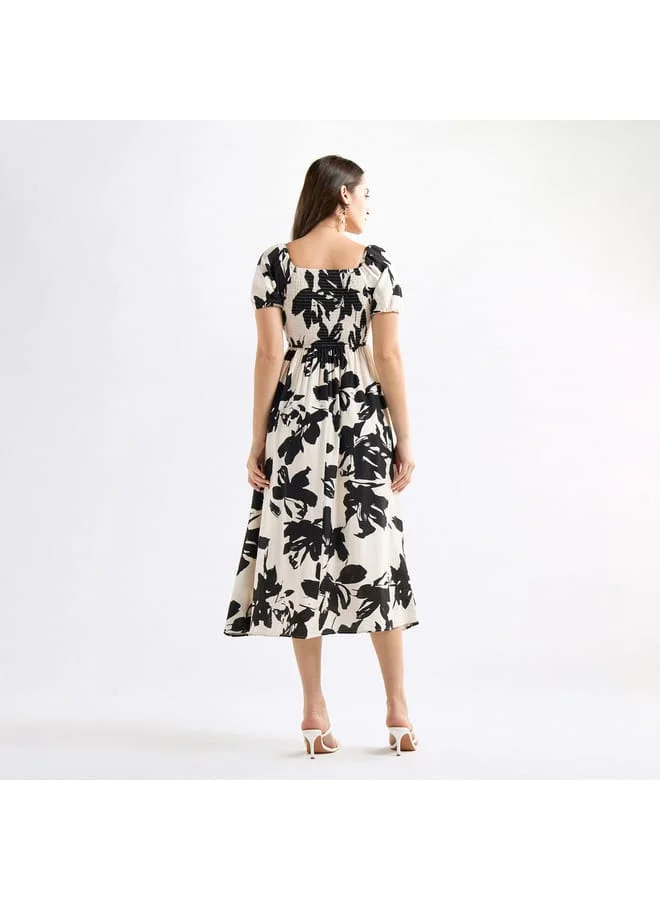 Splash FAV All-Over Print A-line Dress with Shirred Detail and Tie-Ups
