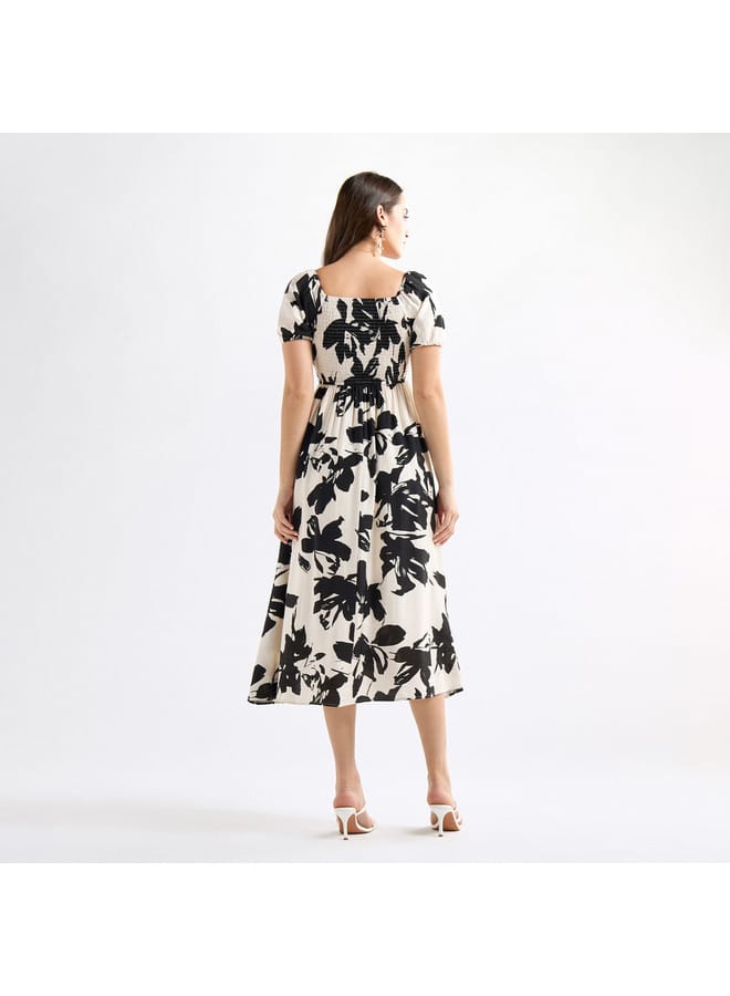 Splash FAV All-Over Print A-line Dress with Shirred Detail and Tie-Ups  - Image 3