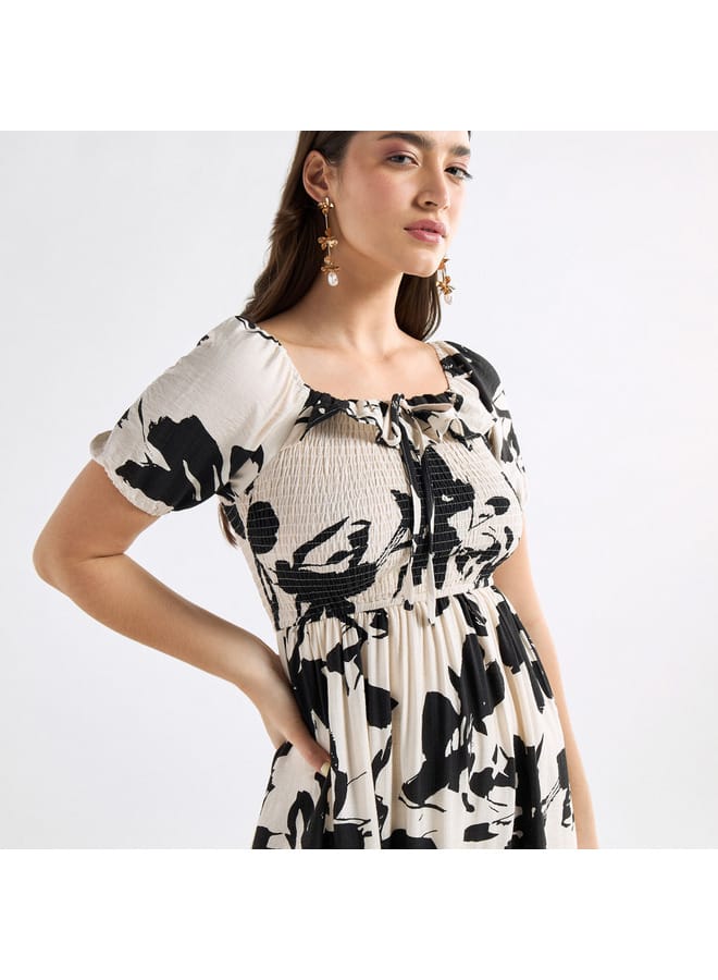 Splash FAV All-Over Print A-line Dress with Shirred Detail and Tie-Ups  - Image 4