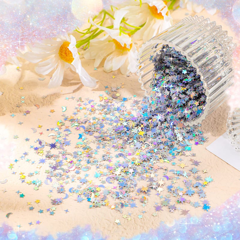 Skylety 60 G/ 2.1 oz Holographic Star Moon Glitter Fairy Confetti Sequin Galaxy Iridescent Metallic Glitter Foil Confetti Sequin Scatter for Valentines Wedding Party DIY(10 mm, 6 mm,Silver) - Image 5
