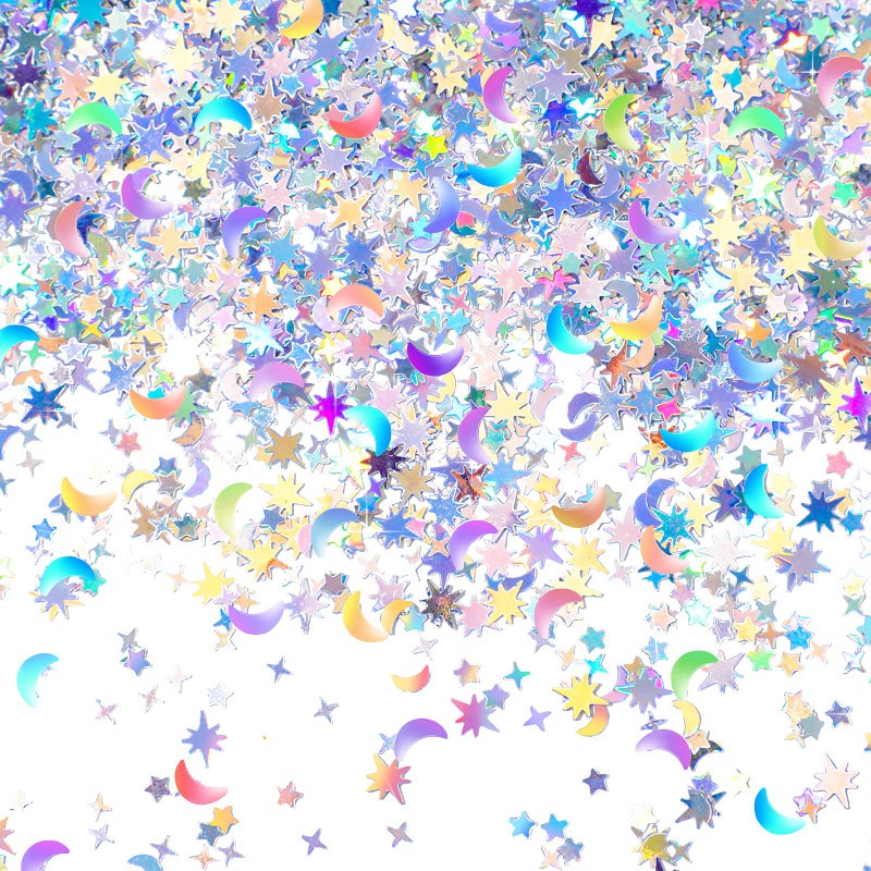 Skylety 60 G/ 2.1 oz Holographic Star Moon Glitter Fairy Confetti Sequin Galaxy Iridescent Metallic Glitter Foil Confetti Sequin Scatter for Valentines Wedding Party DIY(10 mm, 6 mm,Silver) - Image 1
