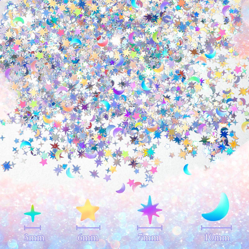 Skylety 60 G/ 2.1 oz Holographic Star Moon Glitter Fairy Confetti Sequin Galaxy Iridescent Metallic Glitter Foil Confetti Sequin Scatter for Valentines Wedding Party DIY(10 mm, 6 mm,Silver) - Image 2