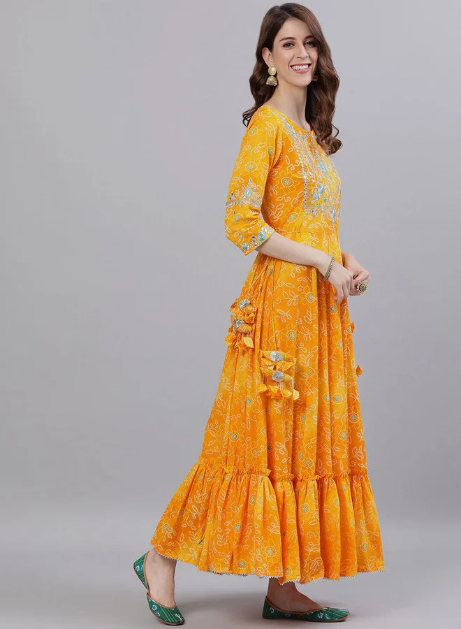 ISHIN  Women Yellow Printed Yoke Design Embellished Kurta for Women | Best Price UAE