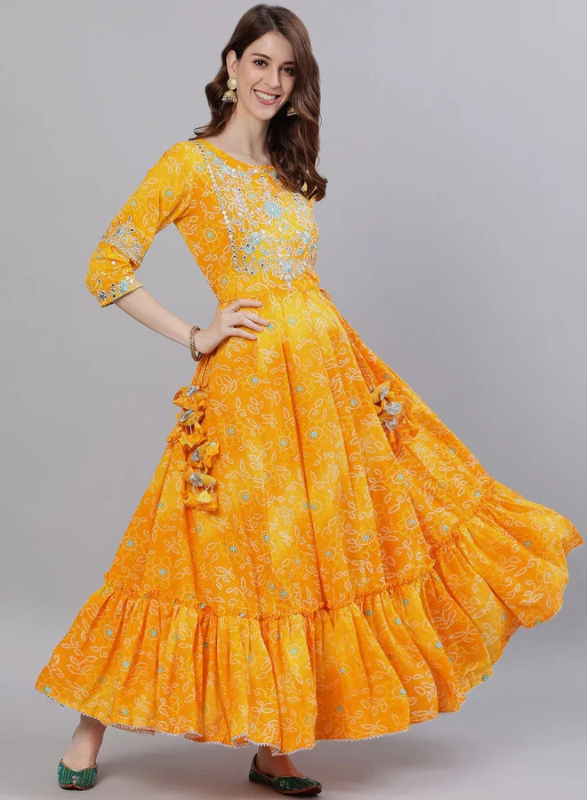 Women Yellow Printed Yoke Design Embellished Kurta