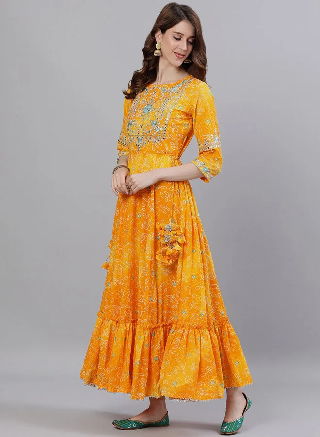 ISHIN  Women Yellow Printed Yoke Design Embellished Kurta for Women | Best Price UAE