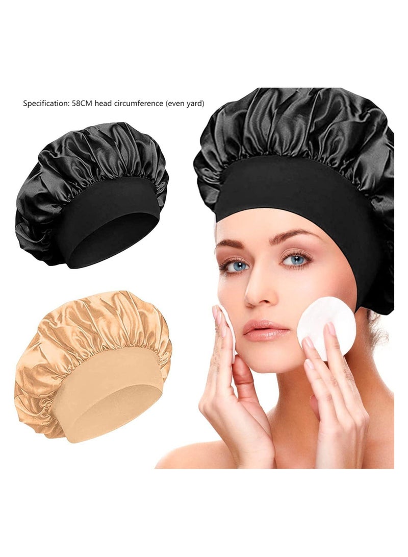 Wide-brimmed high elastic headscarf beauty cap bathing cap beauty hair care hair care cap women care satin nightcap  2pcs(Black and khaki) - Image 1
