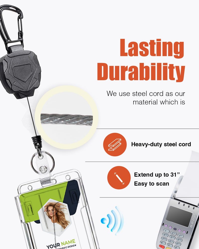 Piffny Badge Holder Retractable Clip Heavy Duty Carabiner Badge Reel Keychain with Lanyard ID Cards Holder(2 Pack) - Image 4