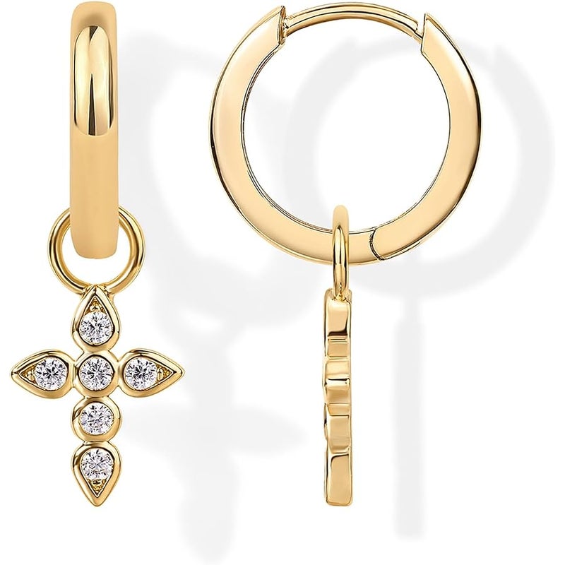 PAVOI 14K Gold Plated S925 Sterling Silver Post Lightweight Drop Dangle Huggie Hoop Earrings for Women | Star, Lock, Pearl, Cross, Lightening, Coin | Dainty Earrings - Image 1